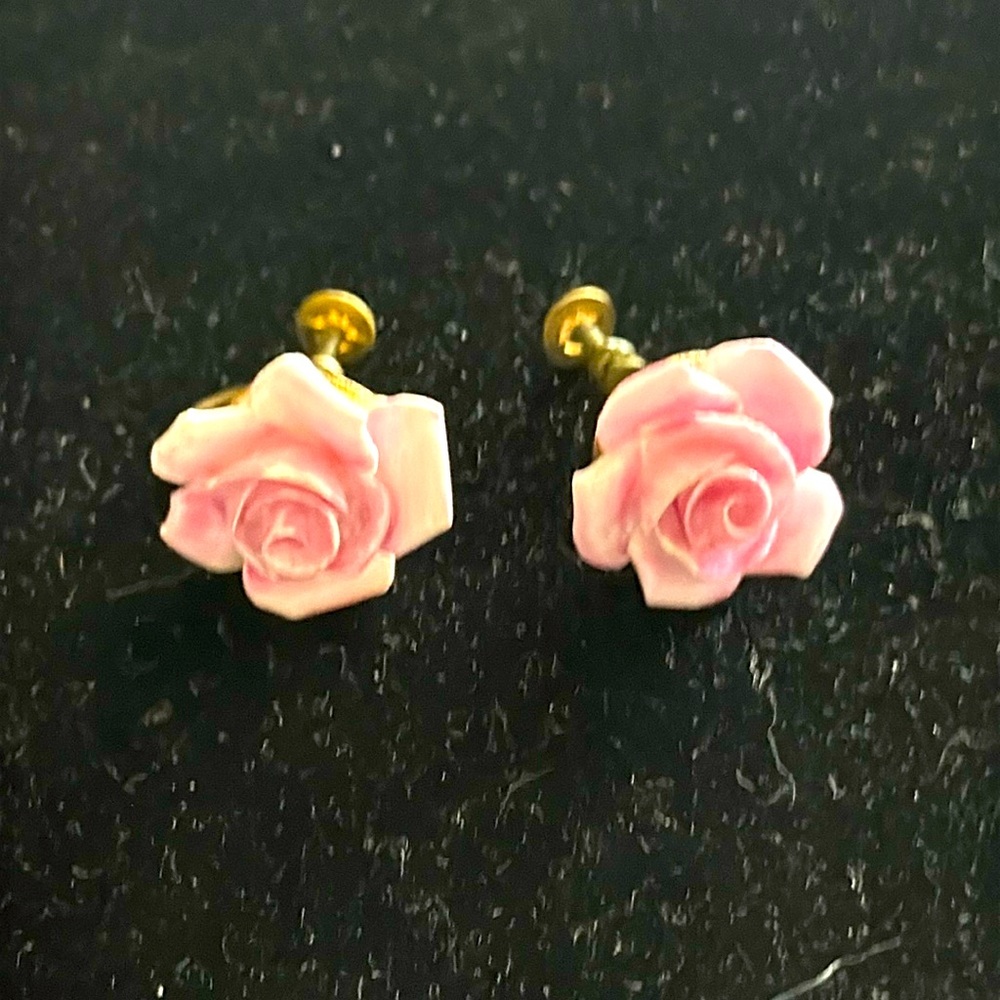 delicate hand made porcelain pink roses vintage screw earrings divinely crafted